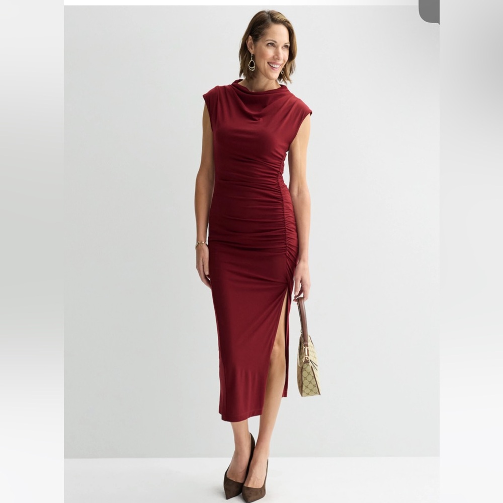 Robbie Bee Burgundy Bodycon Midi Dress Ruched Side Slit NWT